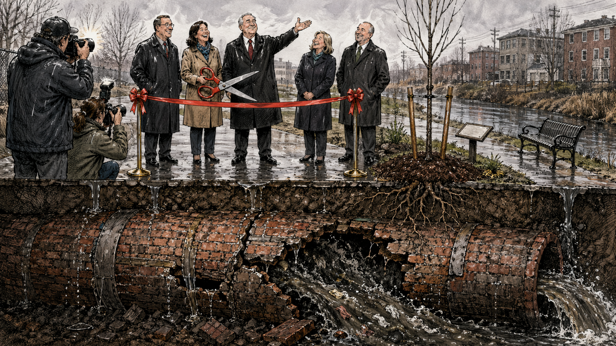 Officials cut a ribbon beside a wet urban brook while cracked old sewer pipes discharge beneath the street.