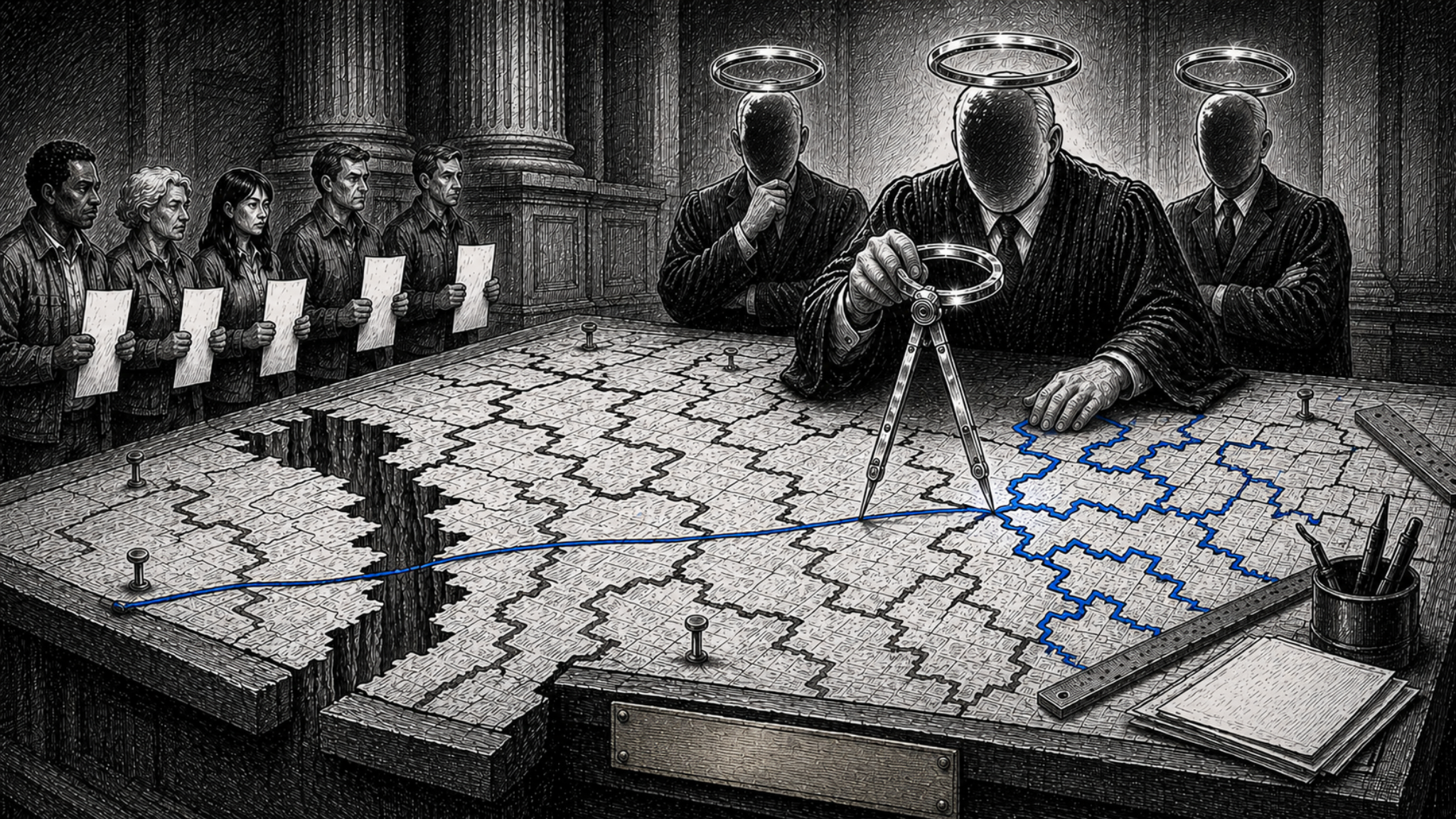 Editorial cartoon showing faceless judges with halos using drafting compasses to draw blue congressional district lines across a cracked map while voters holding papers wait at the edge of the room.