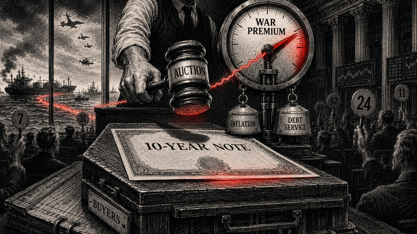 Editorial cartoon showing a Treasury auction block with a 10-year note, an auction gavel, bidders, warplanes and tankers outside, and a red signal driving a WAR PREMIUM gauge weighted by INFLATION and DEBT SERVICE.