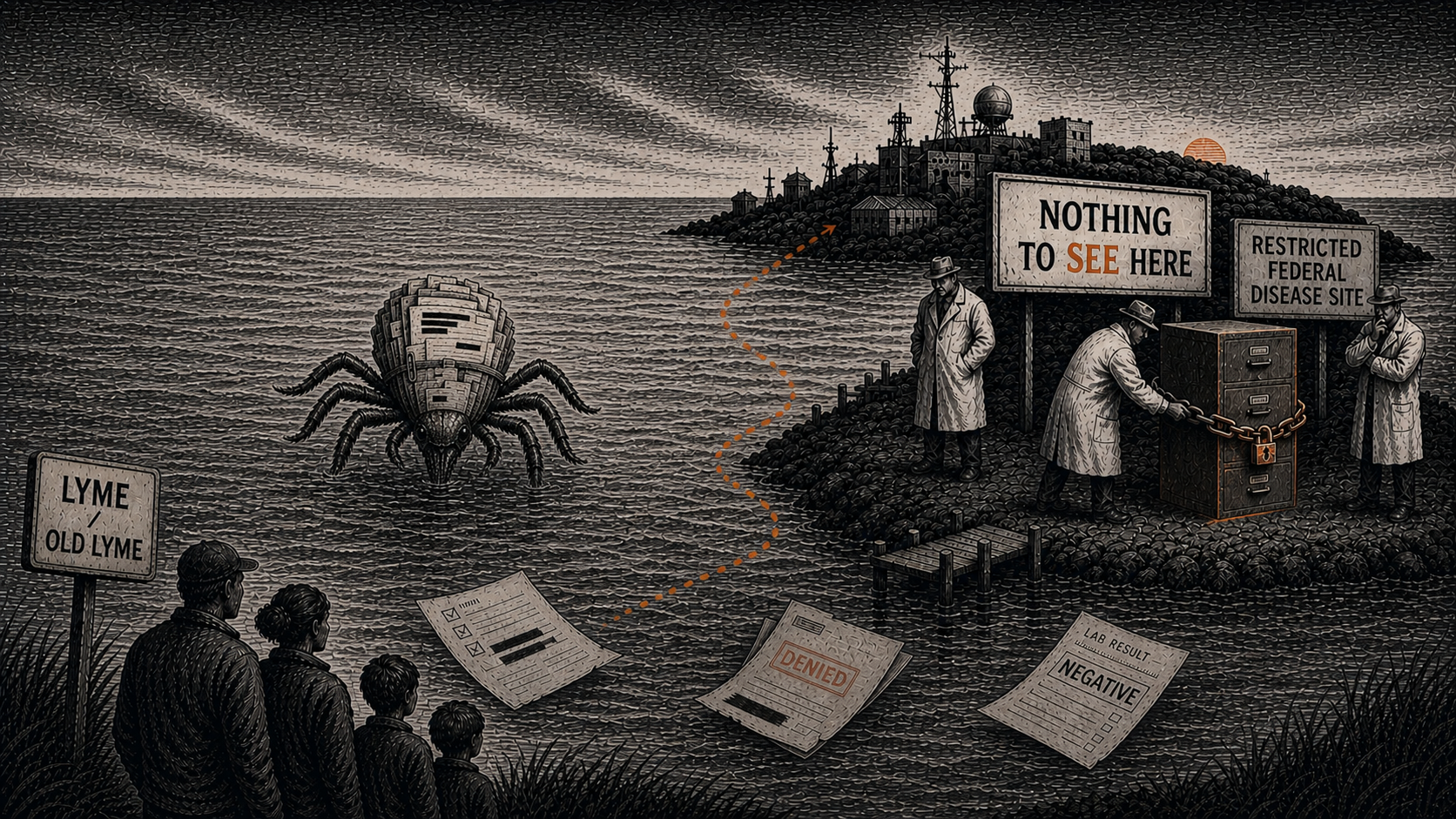 Editorial cartoon showing a family on the shore facing a tick-like creature in the water while officials guard a restricted island with a chained file cabinet, floating denied and negative forms, and signs for Lyme, Old Lyme, Nothing to See Here, and a restricted federal disease site.
