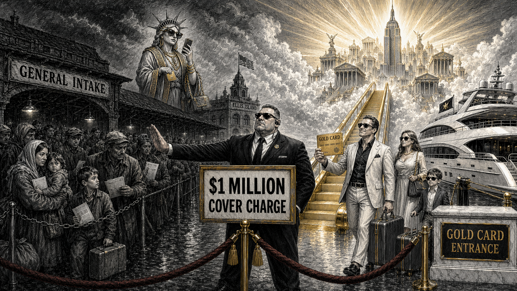 Editorial cartoon showing a crowded general immigration intake line beside a guarded Gold Card entrance, where a wealthy family with luggage and a gold card passes a $1 million cover charge sign toward a luxury skyline.