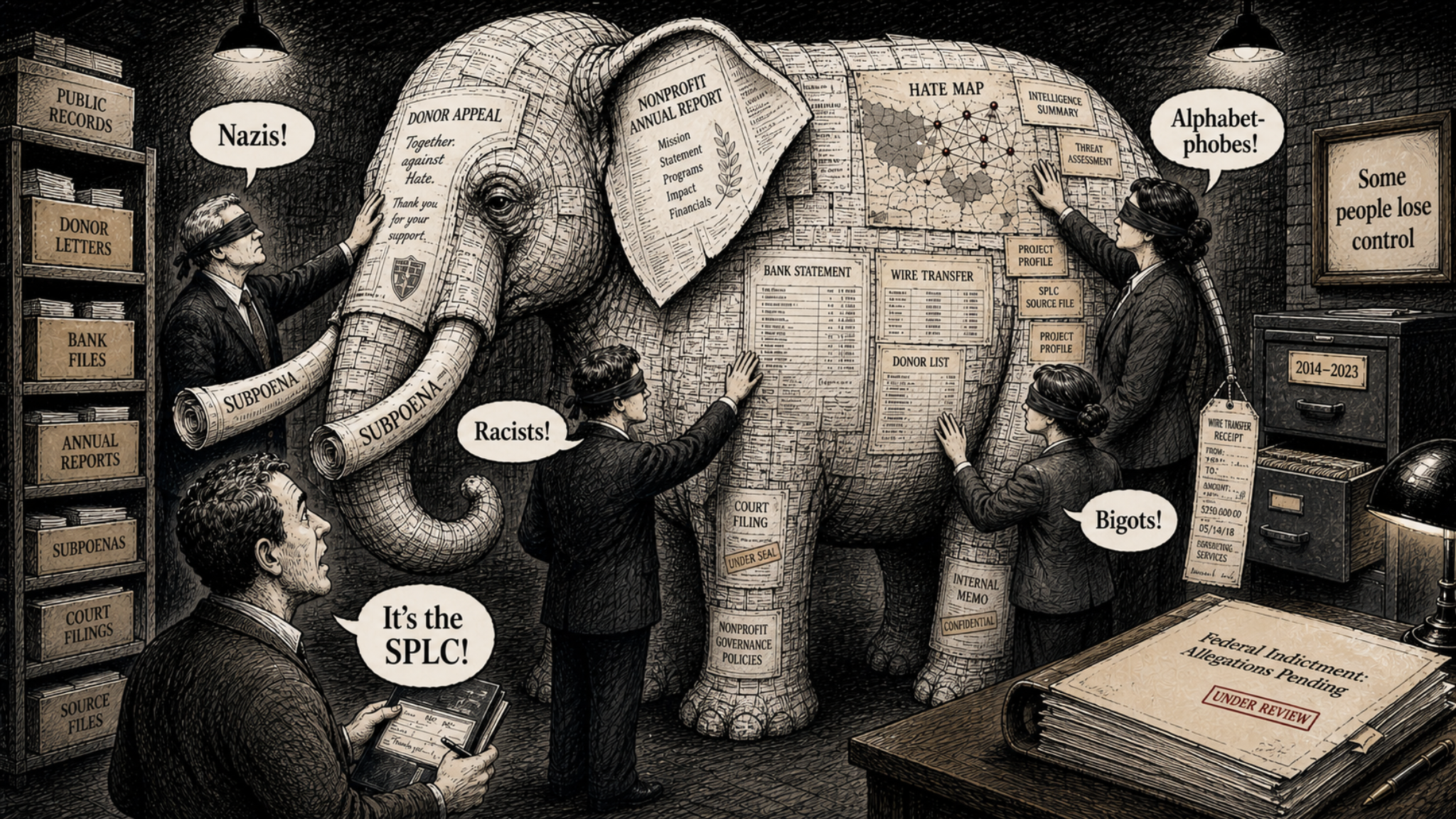 Editorial cartoon showing blindfolded figures examining a document-covered elephant surrounded by public records, donor letters, bank files, subpoenas, court filings, and source files, with speech bubbles naming Nazis, racists, bigots, alphabet-phobes, and the SPLC.