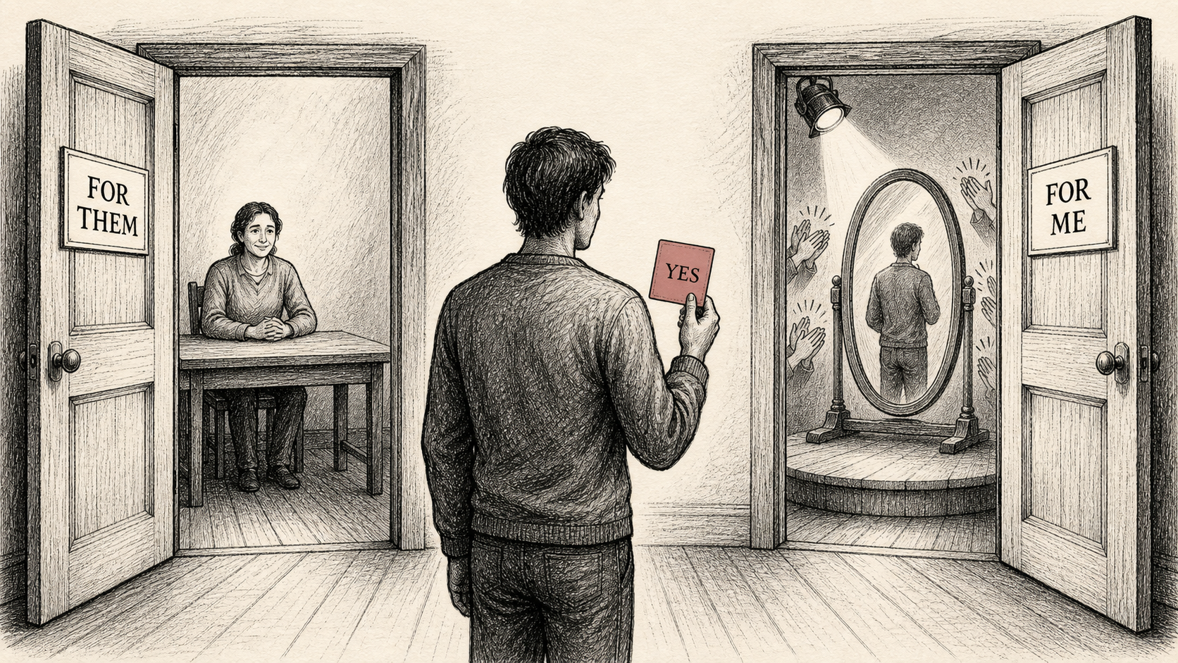 Editorial cartoon showing a person holding a rose-gold YES card between a FOR THEM door with someone waiting at a table and a FOR ME door with a mirror, applause marks, and a spotlight.