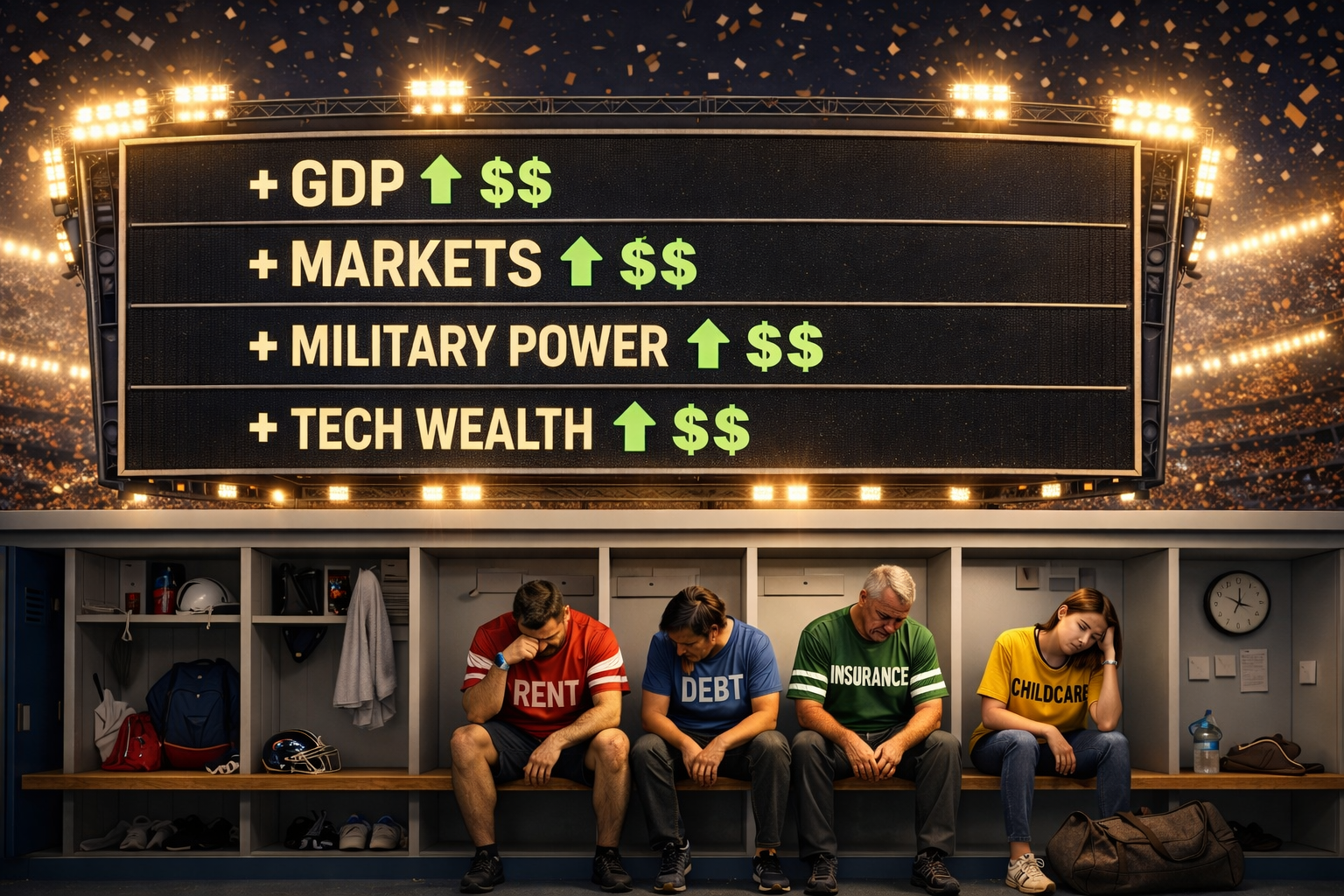 A scoreboard celebrates GDP, markets, military power, and tech wealth while people labeled rent, debt, insurance, and childcare sit exhausted below it.
