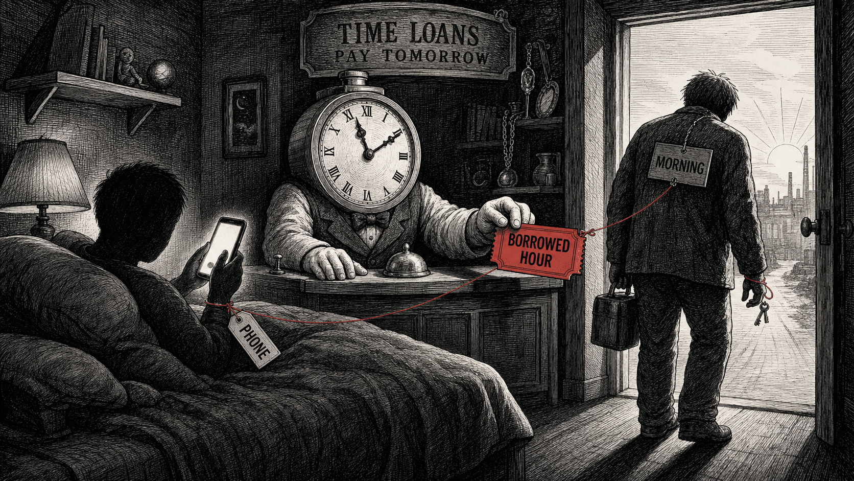 An anonymous person in bed holds a glowing phone while a clock-headed clerk hands a red BORROWED HOUR ticket toward a tired morning figure standing in a doorway.