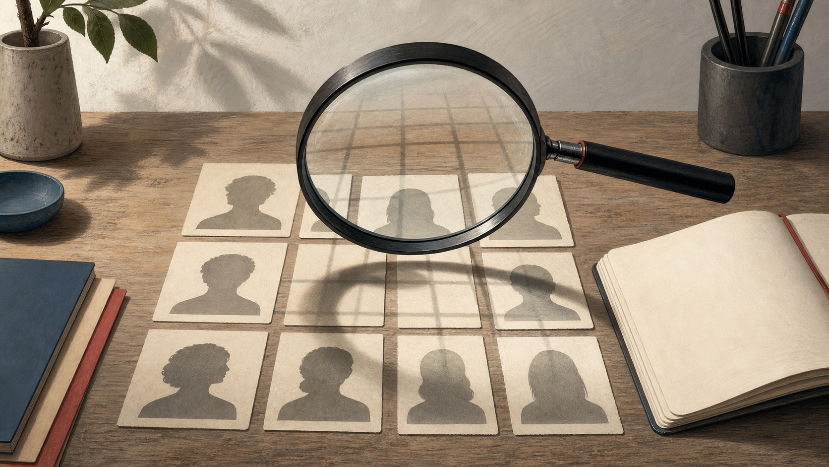 A magnifying lens over blank silhouette cards with faint category lines on a quiet study table.
