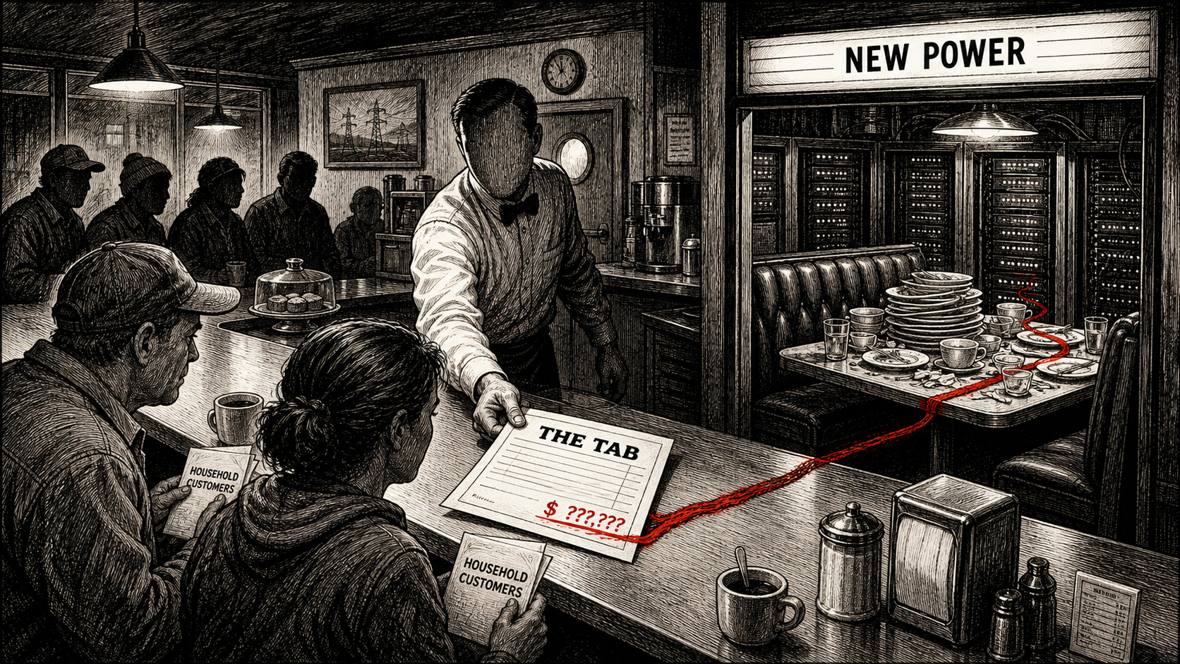 A faceless waiter slides a check labeled THE TAB to ordinary diner customers while a glowing server-rack booth under a NEW POWER sign sits behind them with stacked empty plates and a red ink trail.