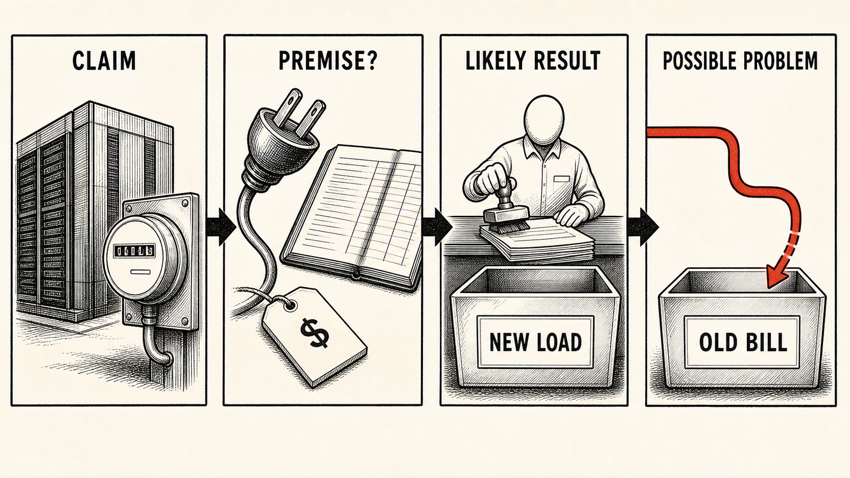 Four connected panels show the claim, premise, likely result, and possible problem in the data-center cost-assignment logic.