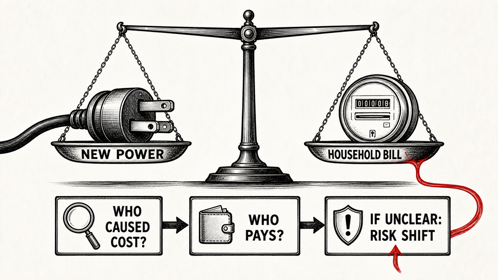 A balance scale compares new power and a household bill while three checkpoints ask who caused the cost, who pays, and whether unclear assignment creates shift risk.