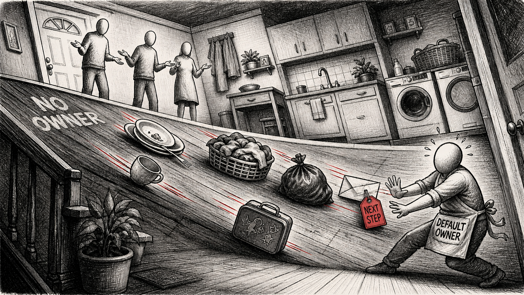 Household chores slide down a tilted floor marked NO OWNER toward an anonymous figure wearing a DEFAULT OWNER apron.