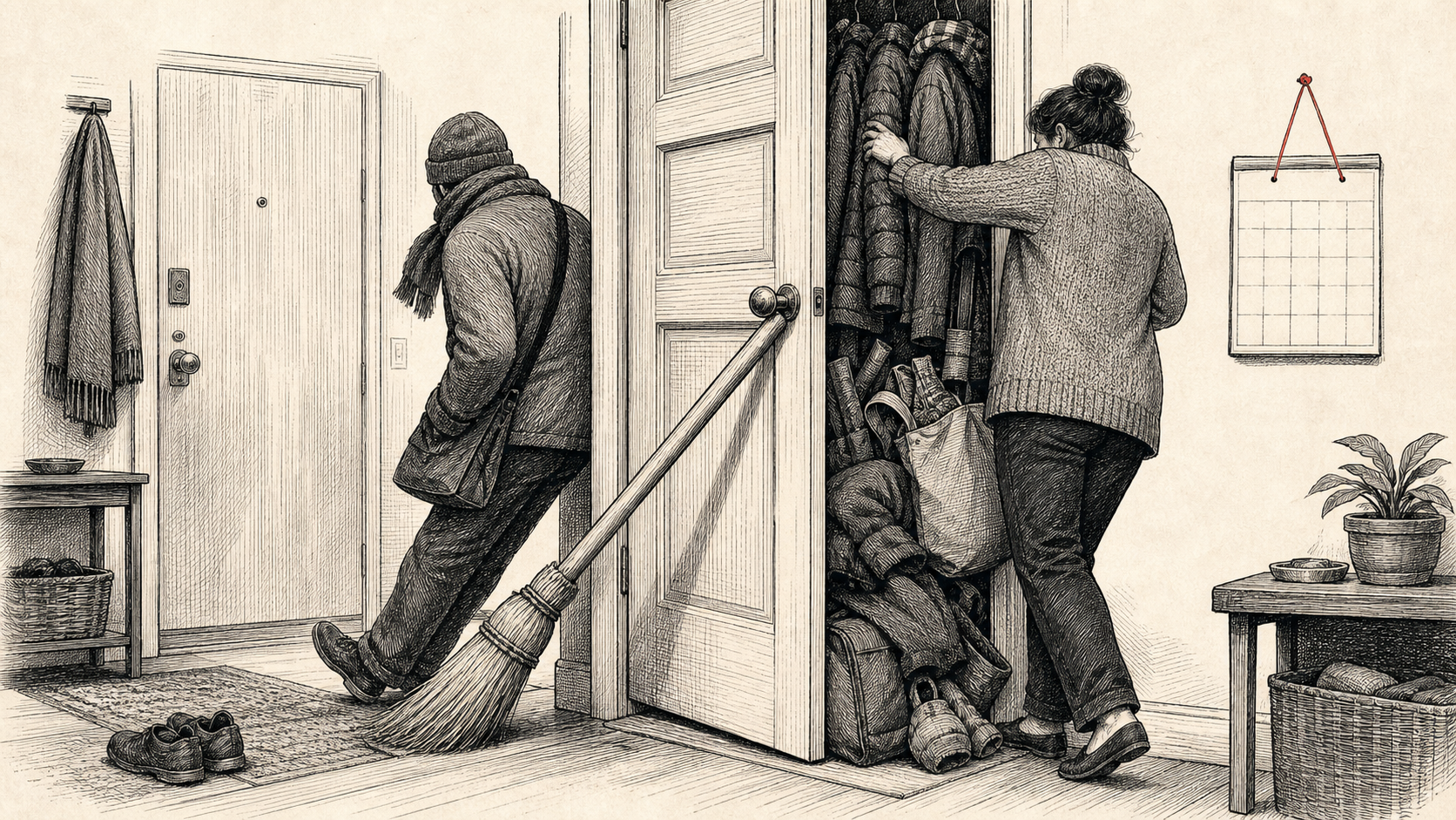 An anonymous adult braces an overflowing apartment closet door with a broom while another person walks through the narrow hallway.