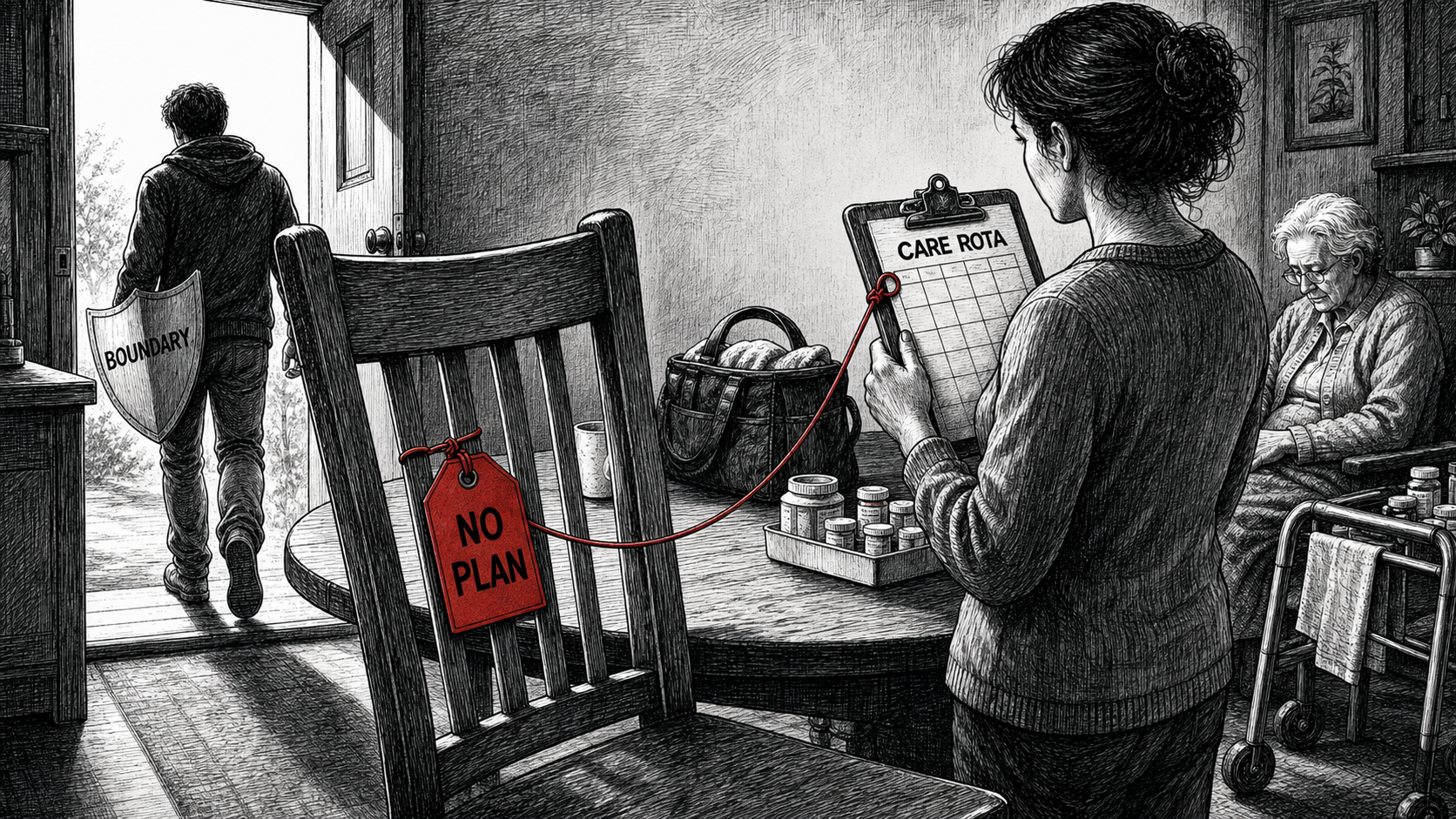 An anonymous adult leaves through an open kitchen door with a shield labeled BOUNDARY while a foreground empty chair tagged NO PLAN is tied by a red thread to another adult's CARE ROTA clipboard beside an older relative, medicines, and a walker.