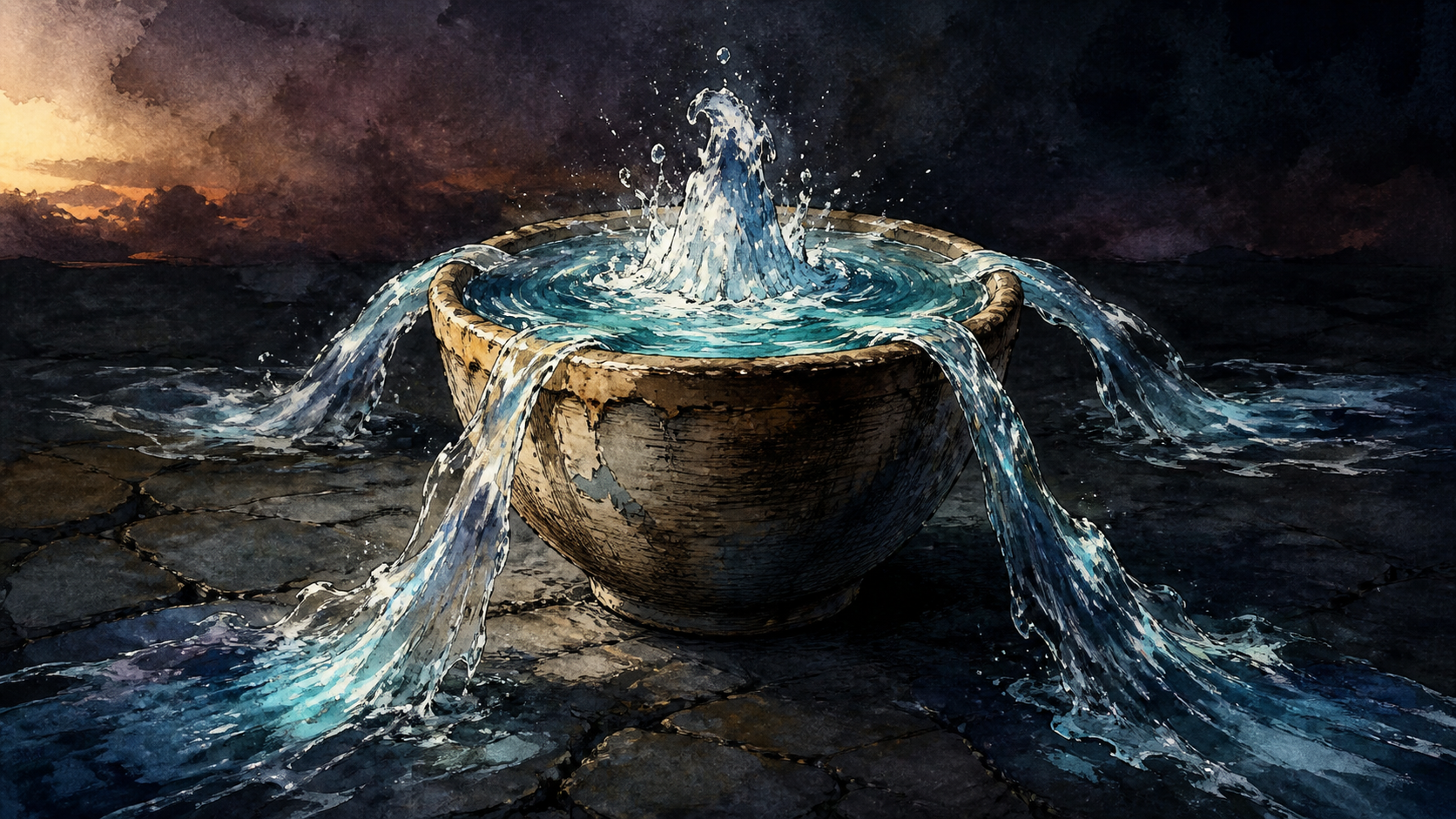 A handmade earthenware cup overflows from a spring rising within it, sending four blue-white streams across a dark stone surface at dawn.