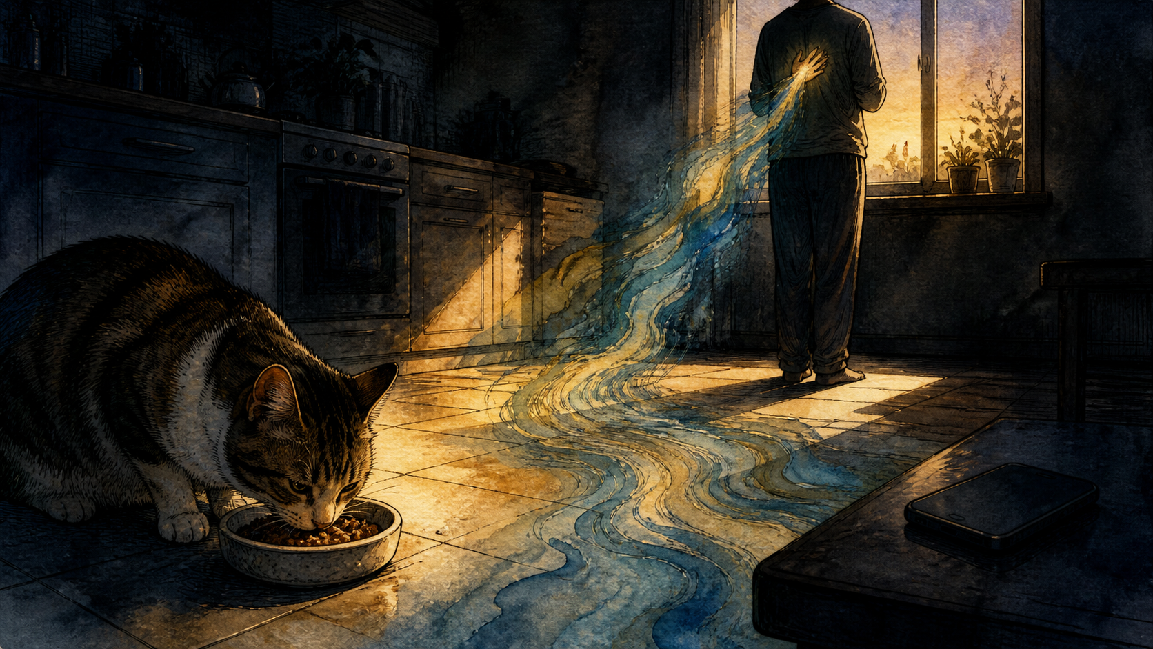 An anonymous person stands with one hand over the heart in a shadowed predawn kitchen while a cat eats nearby and a blue-gold watercolor current moves across the floor.