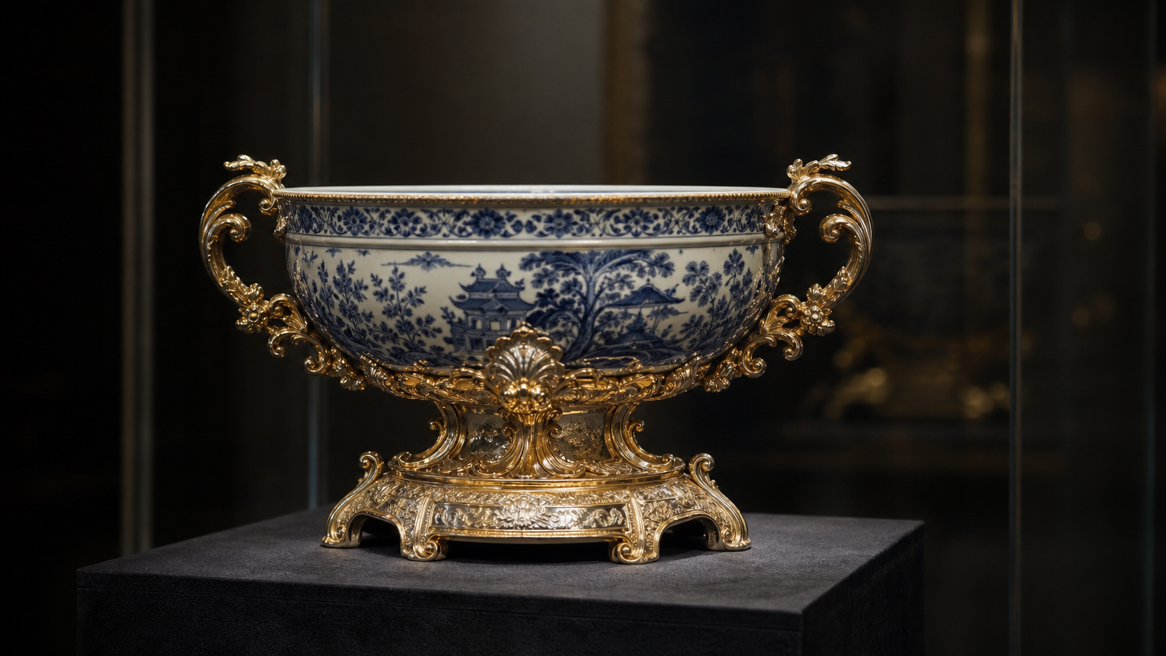 Editorial illustration of a blue-and-white porcelain bowl transformed into a treasure object by ornate gilt mounts.