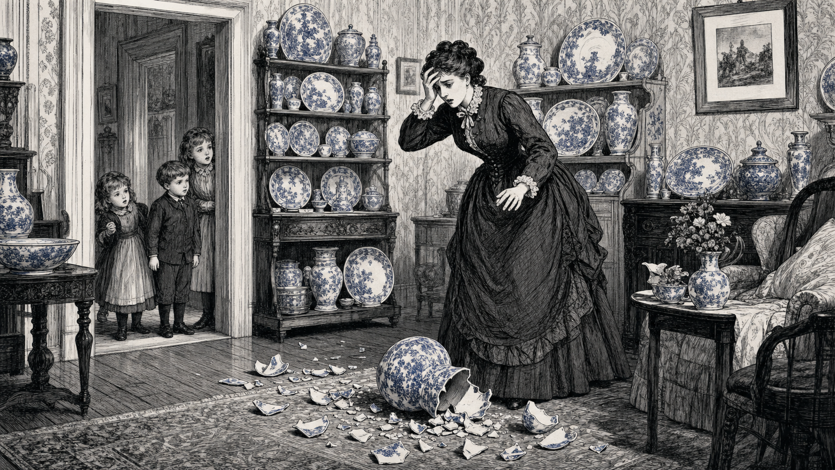 Editorial illustration of a Victorian parlor crowded with blue-and-white porcelain after a vase breaks on the floor.