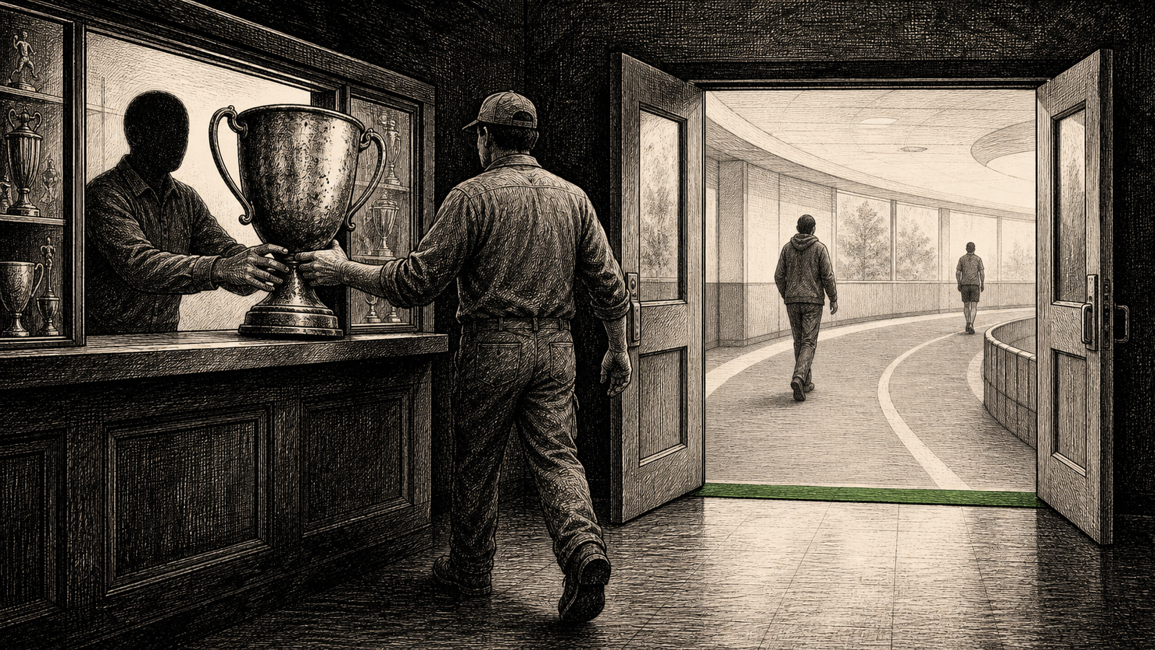 Editorial cartoon showing an anonymous worker handing a large trophy through a dark community-center counter while open double doors reveal an indoor walking loop marked by a muted green threshold line.