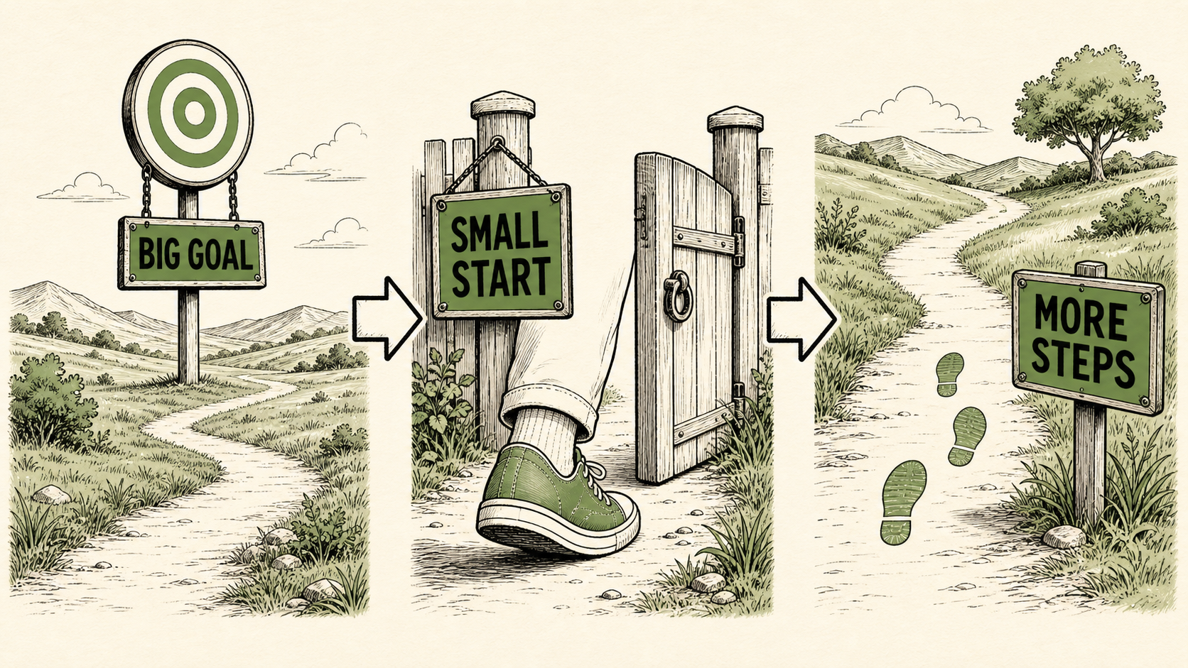 Infographic showing a big goal leading to a small start and more steps.