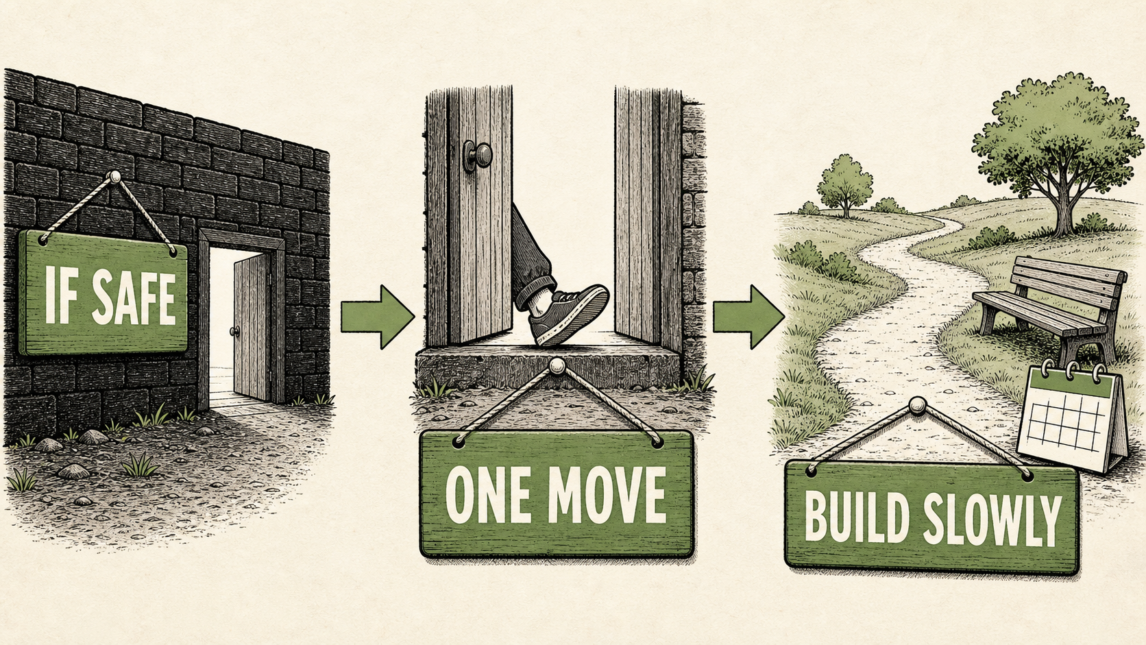 Infographic showing IF SAFE, then one move, then build slowly.