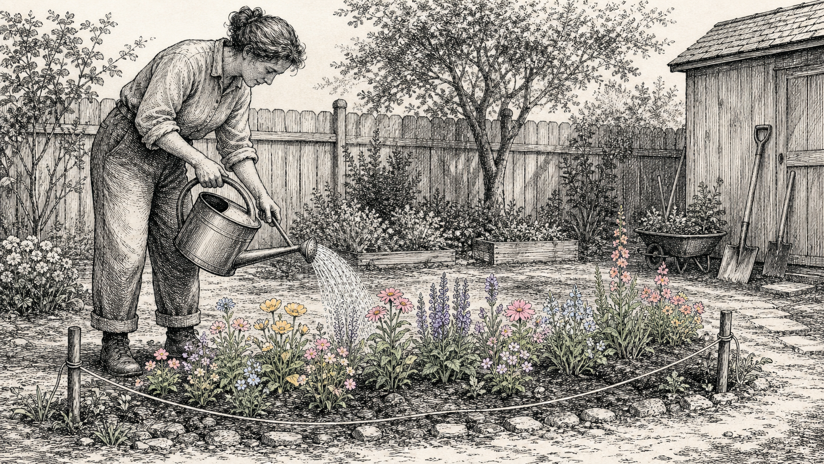 An anonymous gardener waters an uneven bed of pastel flowers while a loose measuring string sags between two stakes in a densely crosshatched backyard.