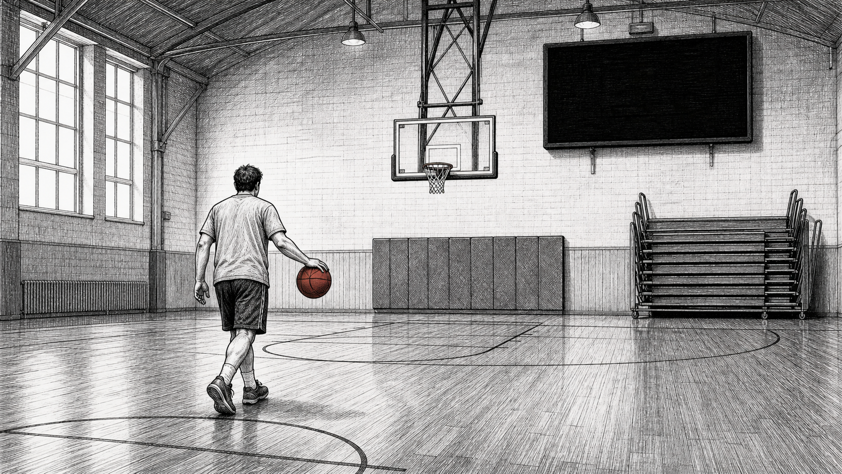 An anonymous adult walks a basketball toward a hoop in an empty community gym beneath a blank, dark scoreboard and empty bleachers.