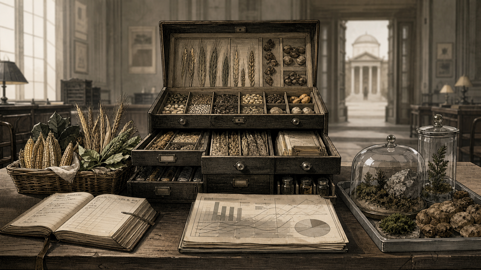 A cabinet of crops, ledgers, ecological specimens, and civic forms arranged as one risk-management archive.