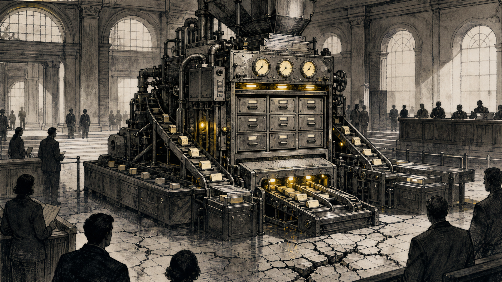 An institutional sorting machine converting civic judgment into uniform statistical tiles.