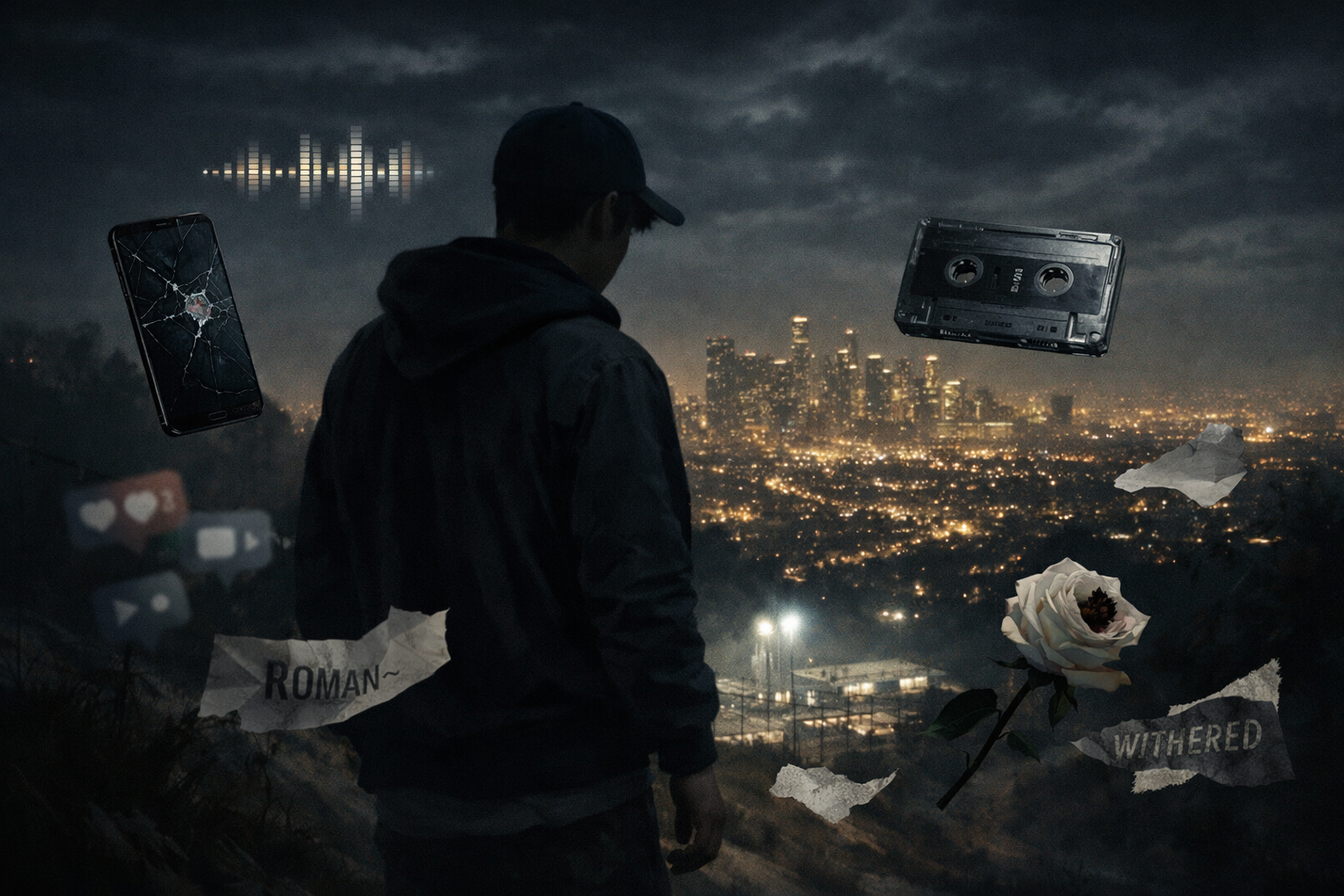A lone young figure overlooking Los Angeles at night, surrounded by fragments of music culture and torn scraps suggesting fame, loss, and suspicion.