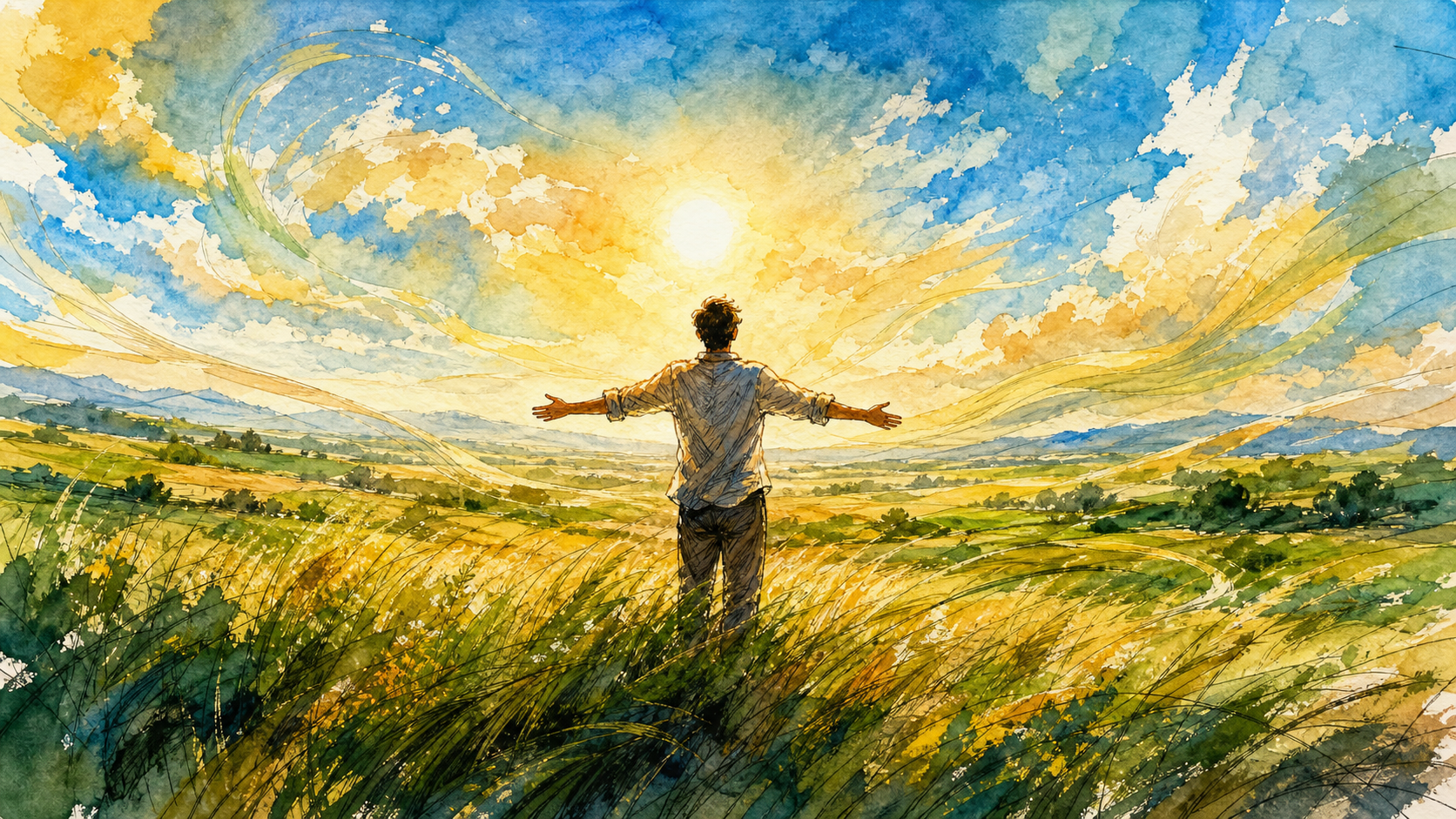 An anonymous person stands with arms open in a sunlit meadow as blue, gold, and green watercolor currents sweep across the sky and fields.