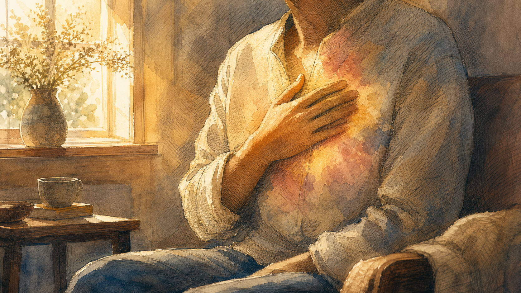 An anonymous seated person rests one hand over the heart in warm morning light beside a window.