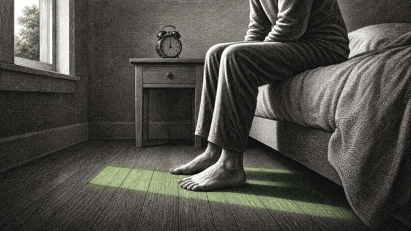 An anonymous adult sits on the edge of a bed as both feet meet a narrow green strip of morning light on the floor beside an alarm clock.