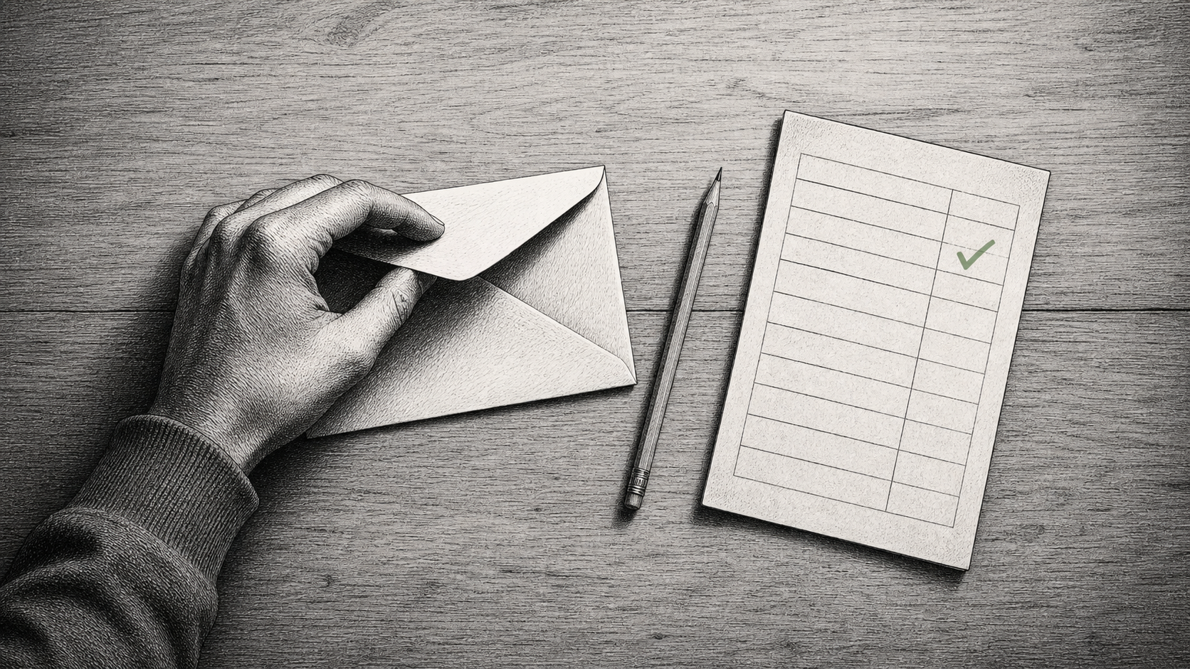 A hand opens a plain envelope beside a pencil and a simple household ledger with one green check mark.