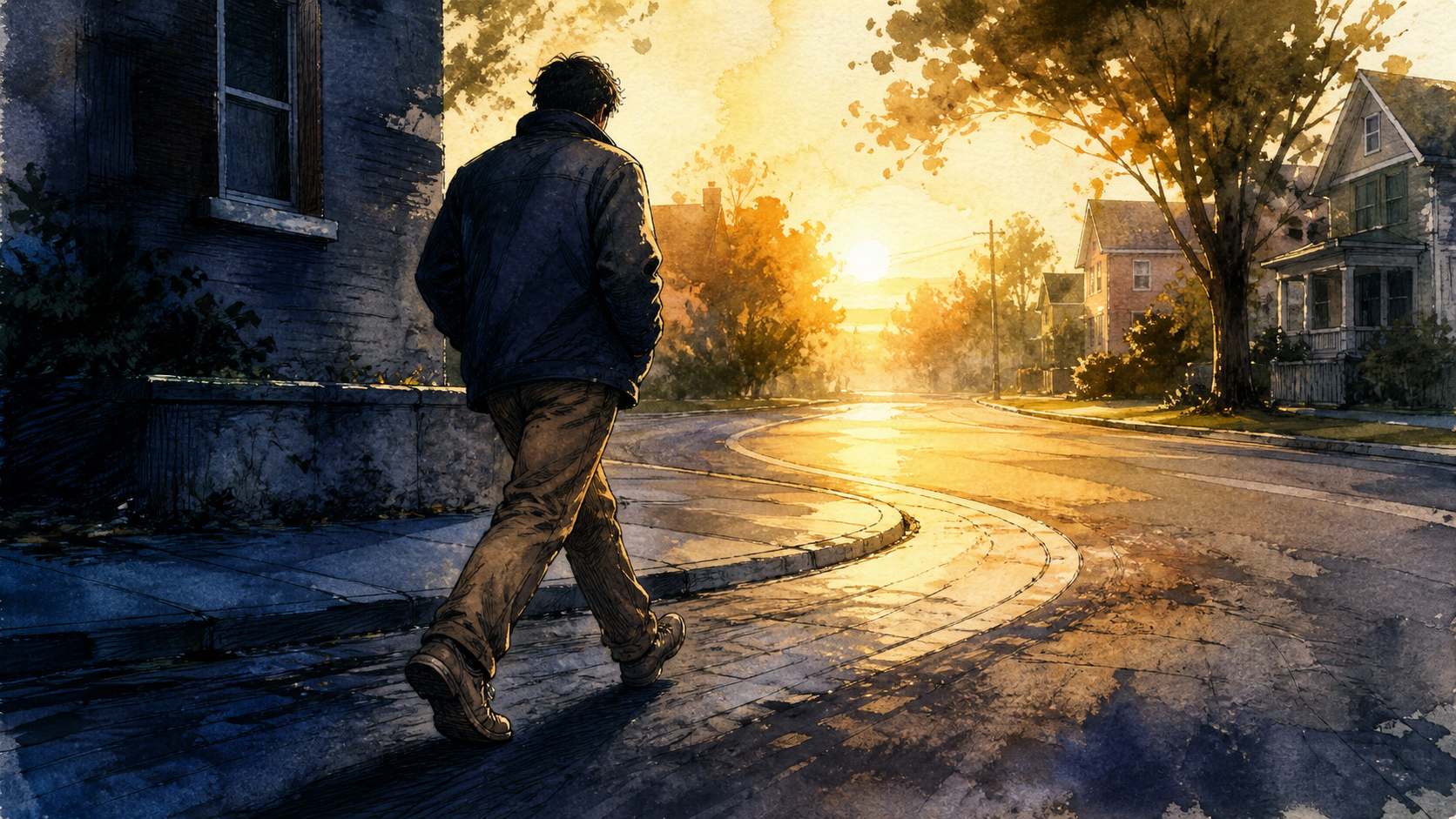 An anonymous person rounds a quiet neighborhood corner at dawn, moving from deep blue shadow toward the warm sunlit street ahead.