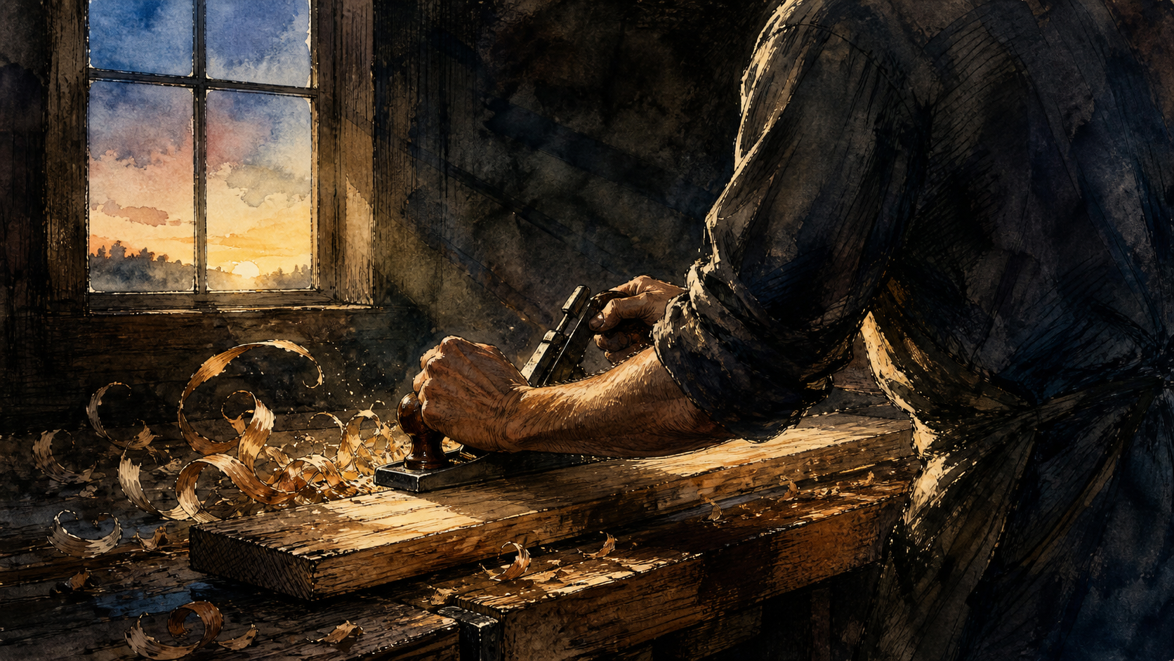 An anonymous person guides a hand plane across a rough board at a workbench before dawn as fine grain and curling shavings emerge in blue and amber light.