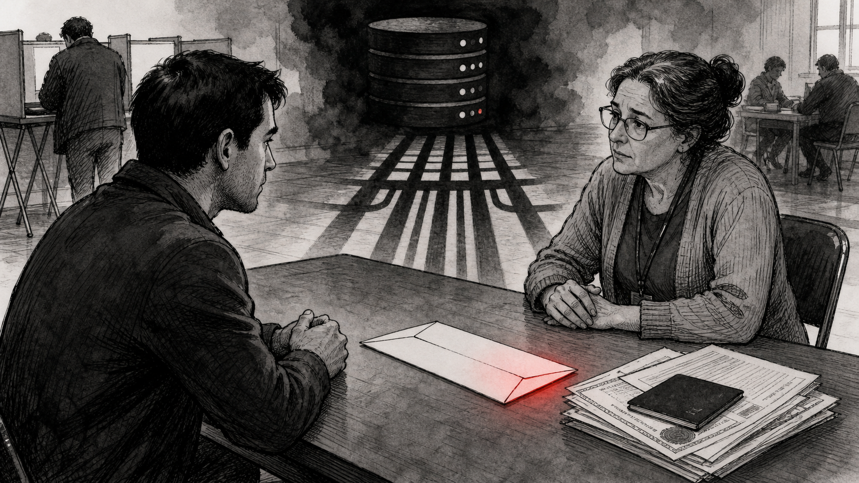 Editorial illustration of a polling-place table with a voter, a clerk, citizenship papers, and a verification file.