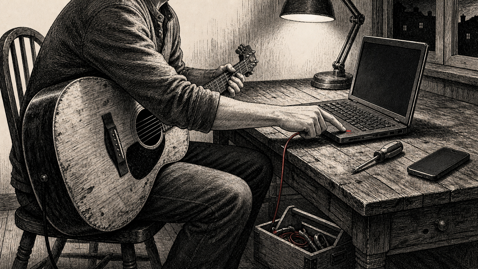 An anonymous adult begins work at a modest desk with an older computer, a guitar, and a screwdriver close by.
