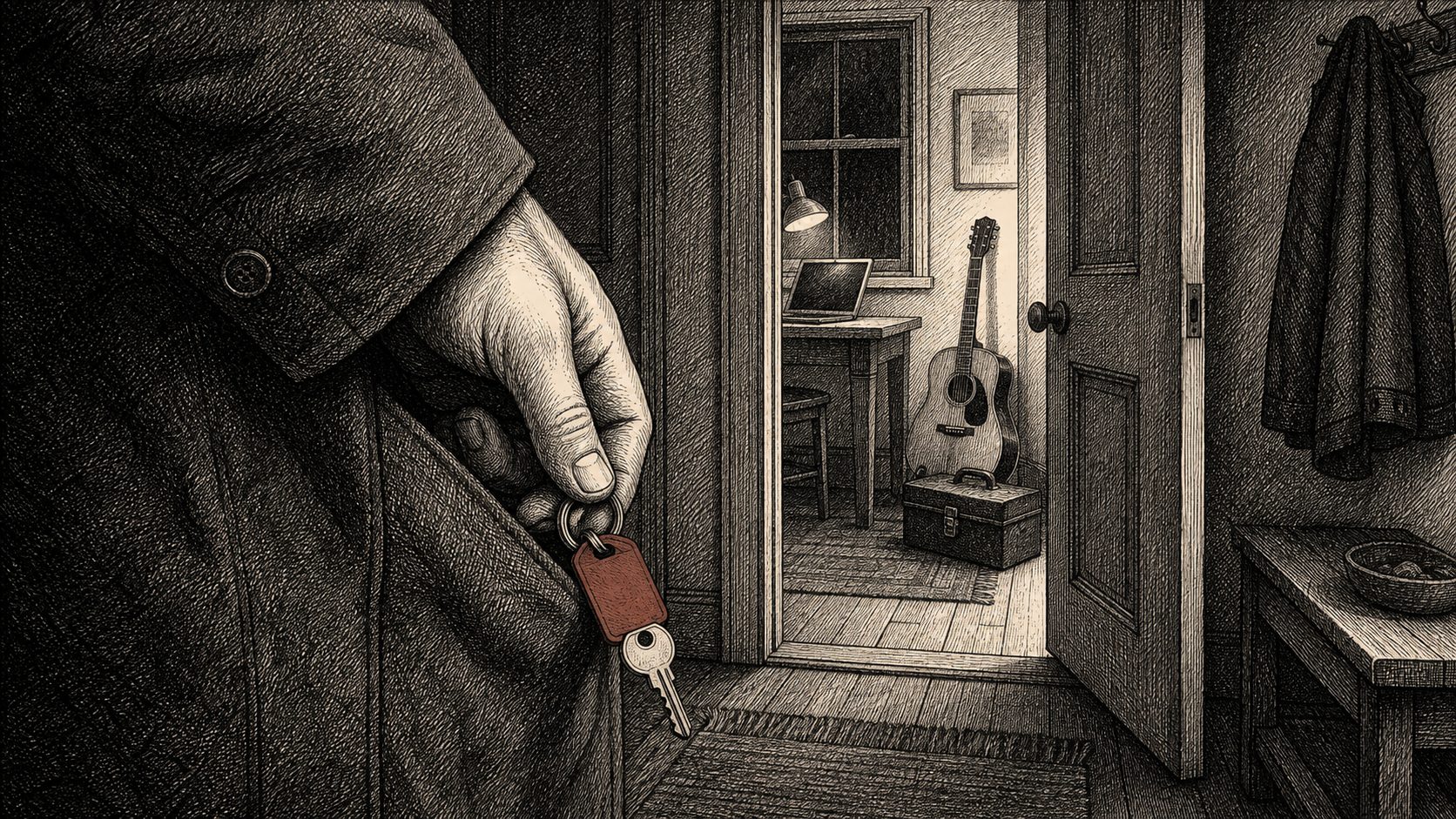 An anonymous adult closes a face-down phone beside a handwritten page, an older laptop, and a guitar pick on a small worktable.