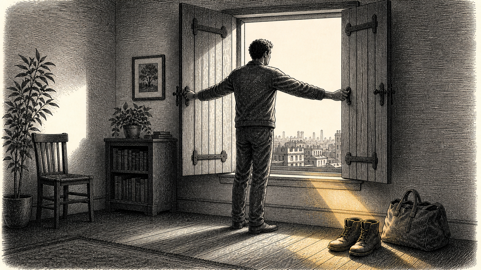 An anonymous adult opens tall wooden window shutters as first light falls across boots and a canvas day bag in a quiet room.