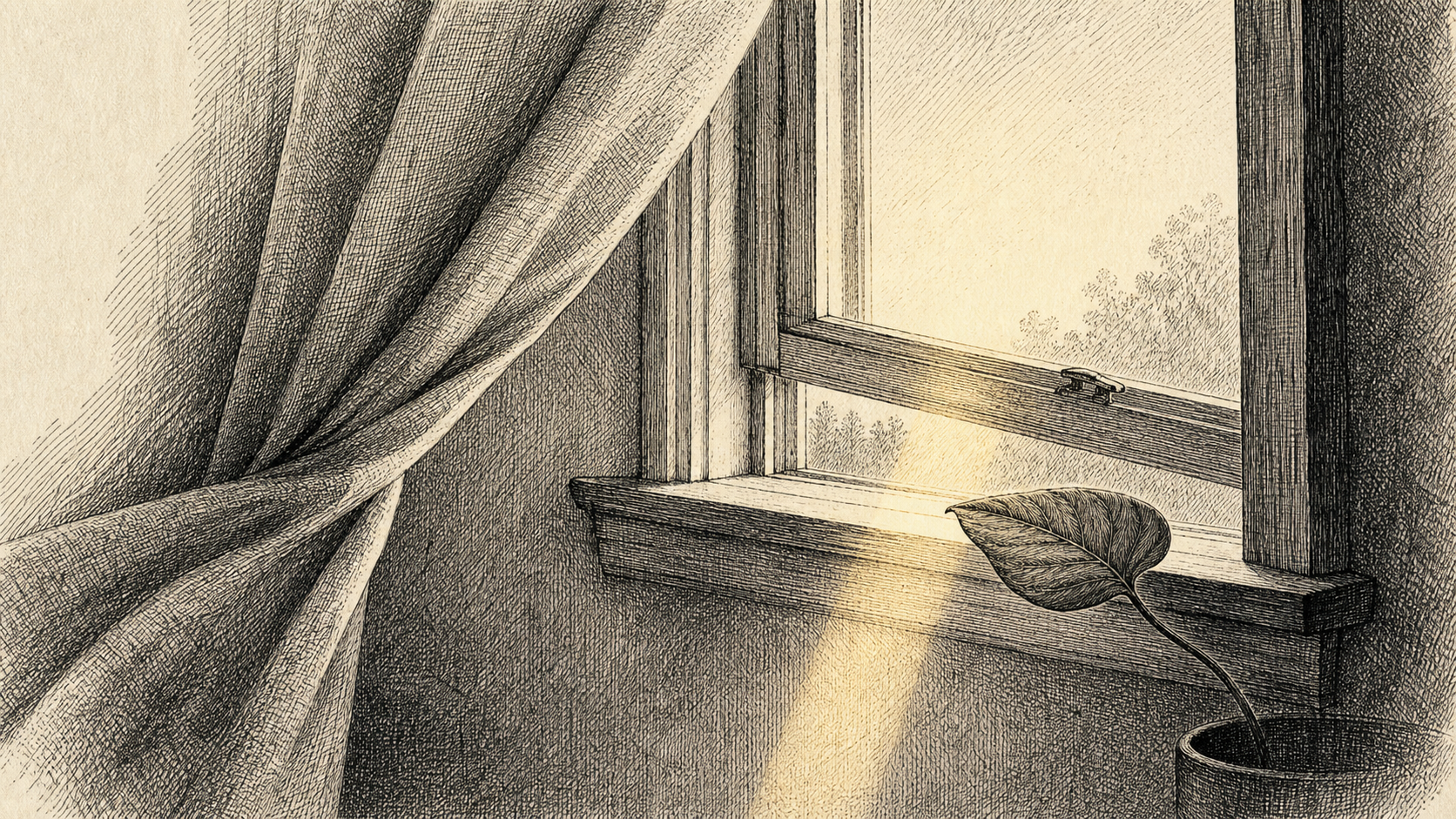 A linen curtain is drawn aside at an open window while a single houseplant leaf leans toward the first light.