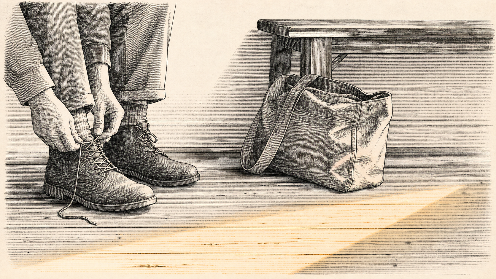An anonymous adult ties an everyday boot beside a canvas day bag in a quiet hall at first light.