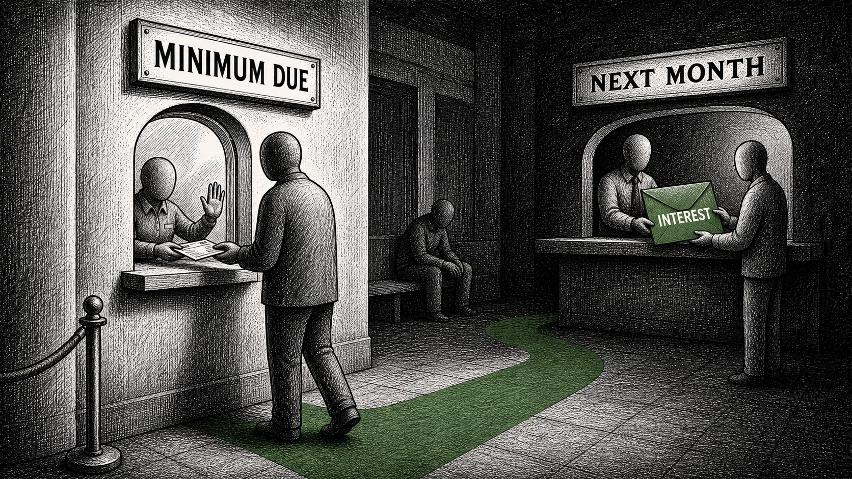 Editorial cartoon showing an anonymous payer at a MINIMUM DUE window while a green path leads to a darker NEXT MONTH counter where another figure receives an INTEREST envelope.