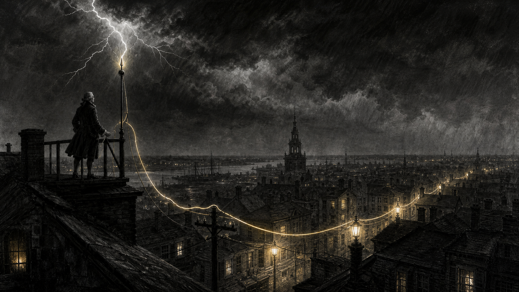Editorial illustration of a storm-lit city, an early lightning rod, and a controlled electric glow moving into wires and lamps.