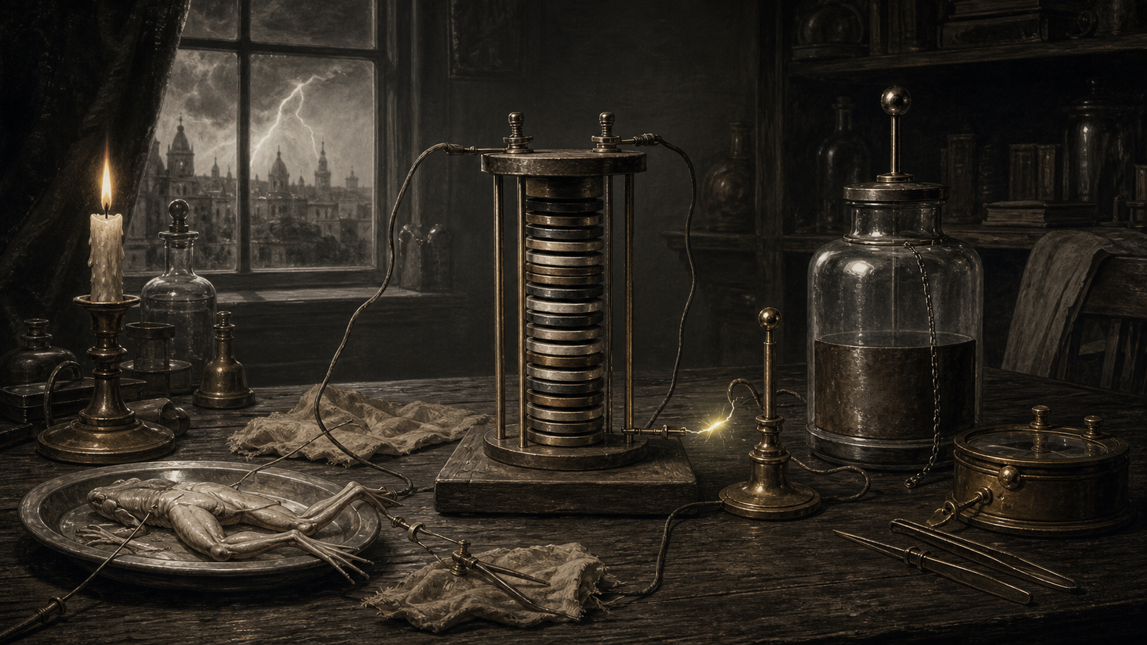 Editorial illustration of an eighteenth-century laboratory table with a voltaic pile, metal instruments, a Leyden jar, and storm light at the window.