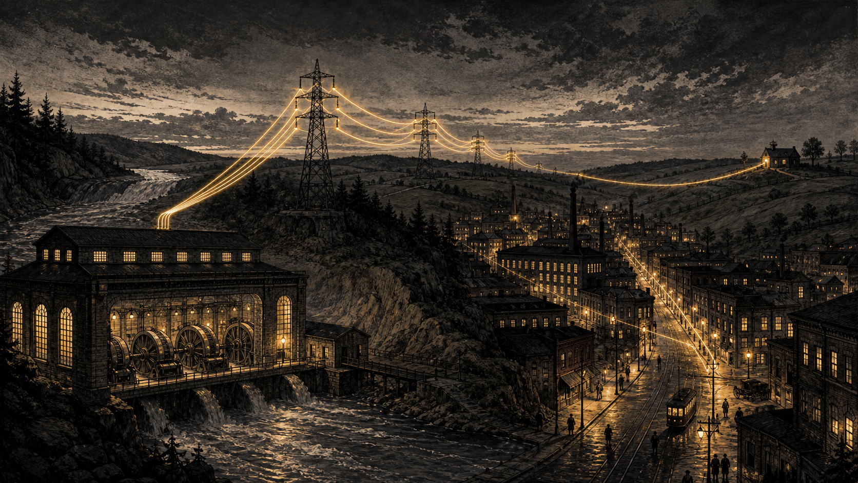 Editorial illustration of turbines, transmission lines, a lit city street, and distant factories connected by a glowing electrical path.