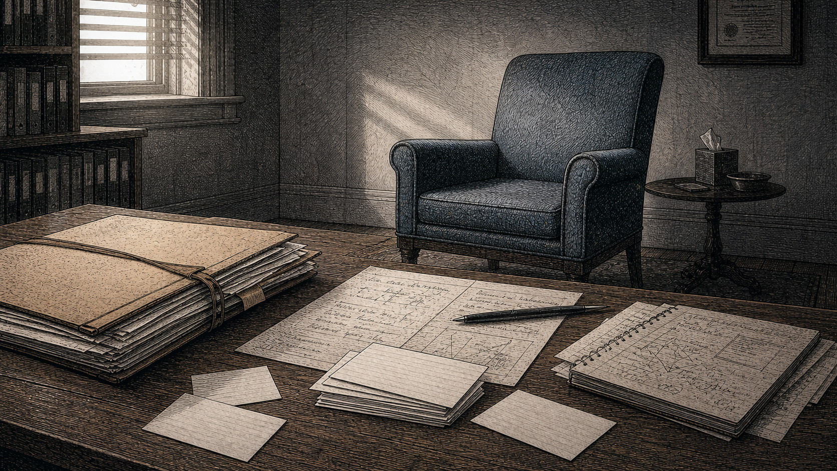 Editorial illustration of a court file, a therapy chair, and scattered clinical notes arranged like a quiet stage for a diagnosis learning to speak.
