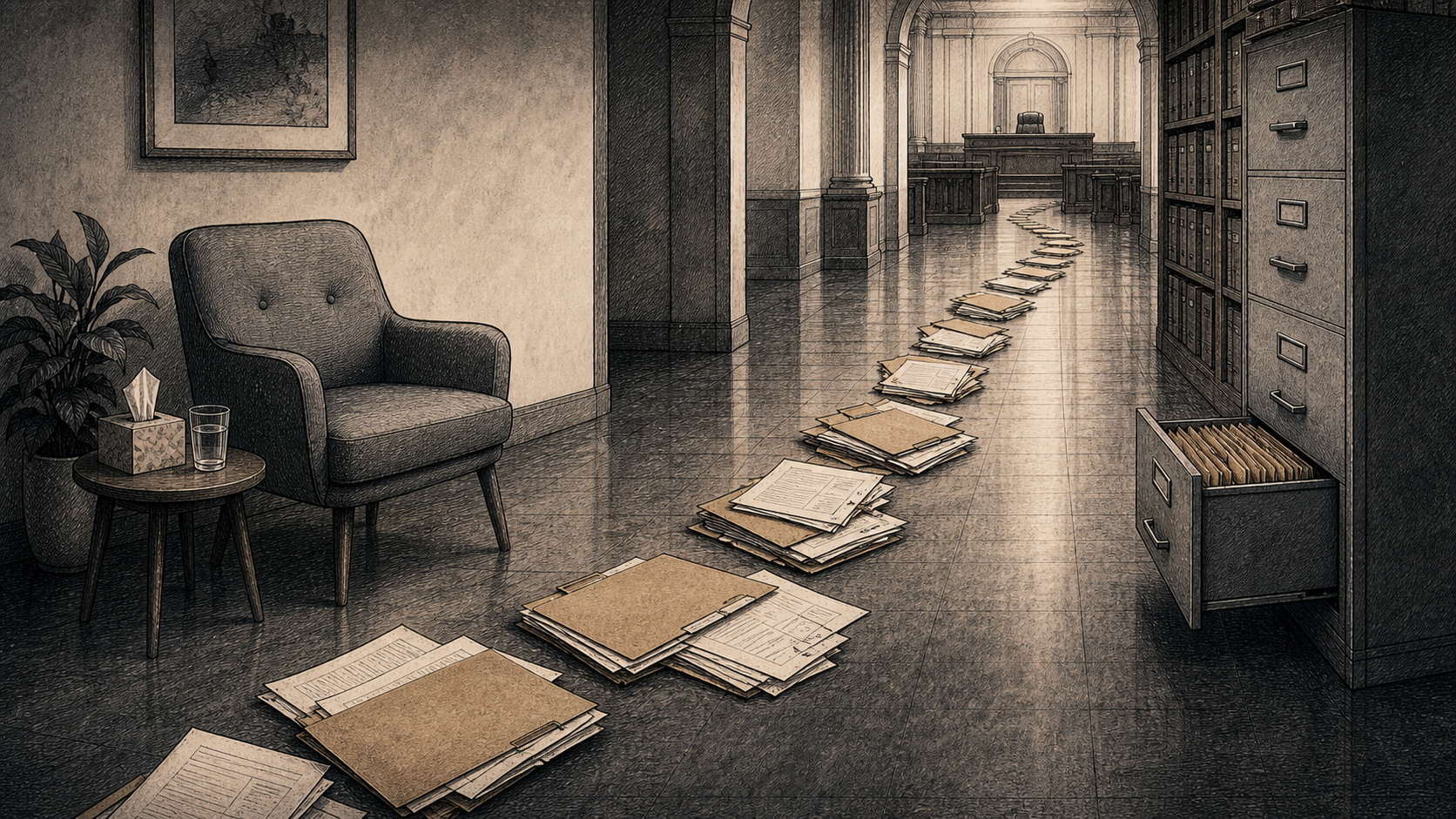 Editorial illustration of a paper trail running from a therapy chair toward a courtroom bench and filing cabinet, with official documents and clinical folders but no readable text.