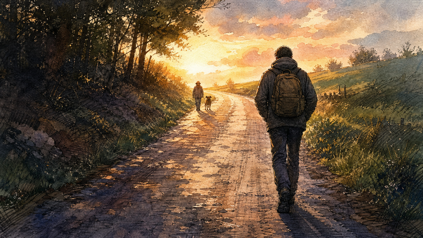 An anonymous walker climbs a country road at dawn as a friendly dog and its owner approach through warm morning light.