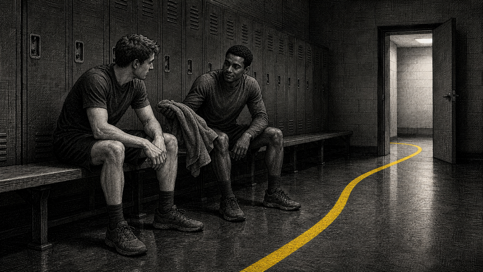 Editorial illustration of locker-room language, boundary policing, and male friendship.