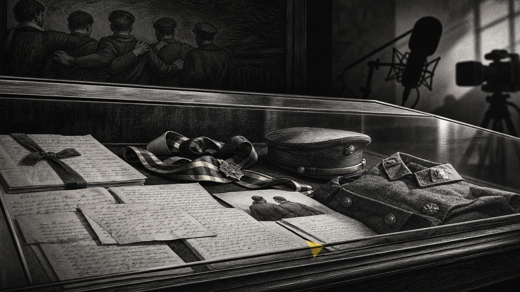 Editorial illustration of historical male rituals, letters, fraternity, and modern suspicion.