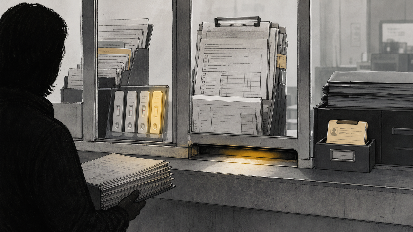 Editorial illustration of a patient silhouette holding a thick chart before a clinic-administration counter where test strips, forms, and a narrow slot act like a gate.